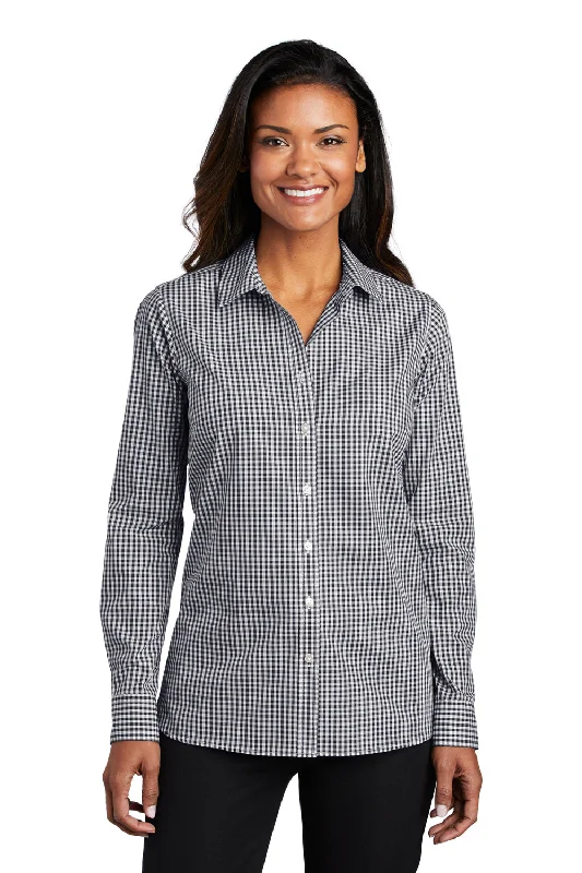 Urban Style Port Authority Womens Broadcloth Gingham Wrinkle Resistant Long Sleeve Button Down Shirt - Black/White