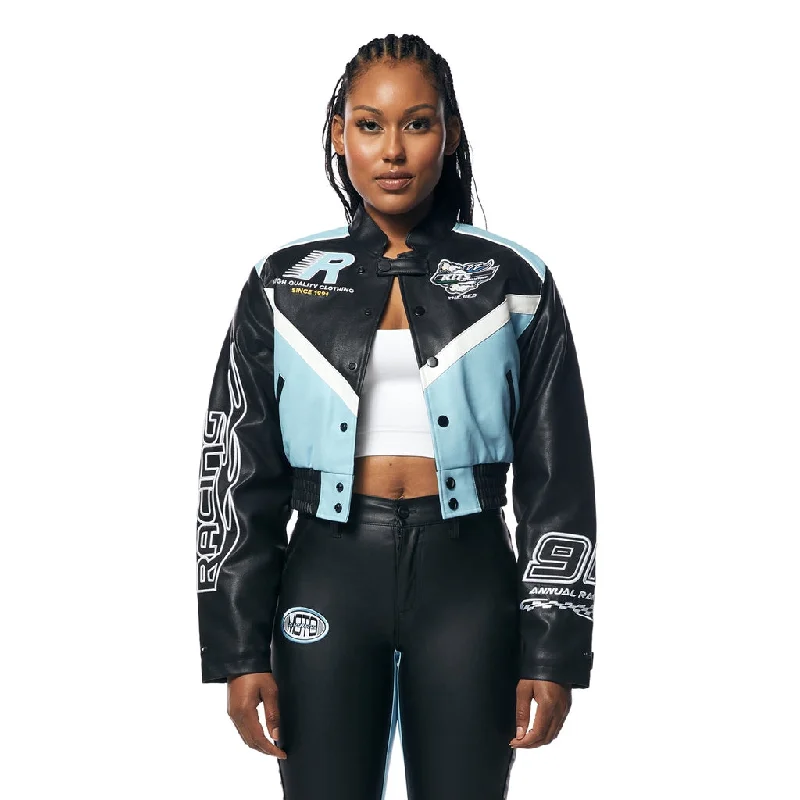 Fashionable Items Cropped Vegan Leather Racing Bomber Jacket - Blue