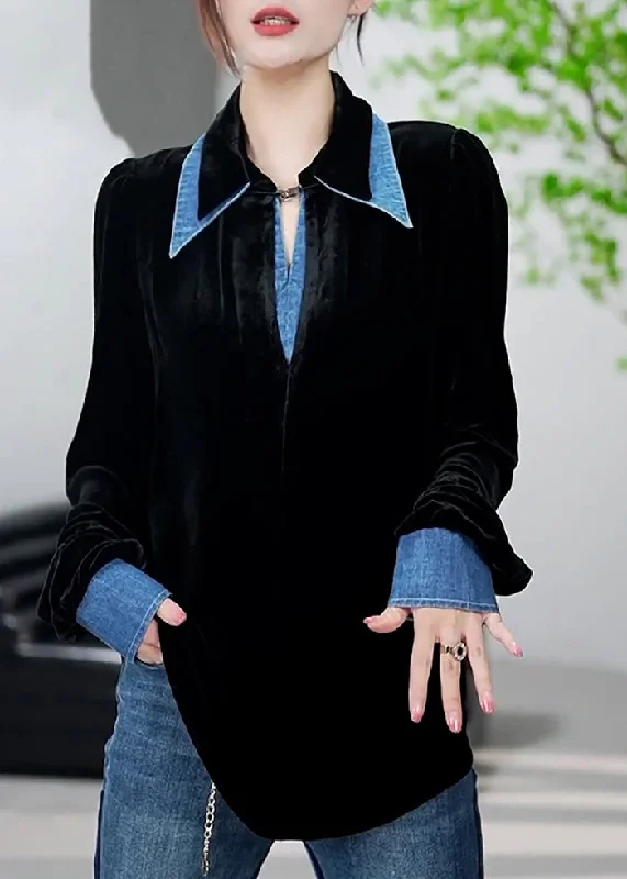 High-end Fabrics Italian Black Peter Pan Collar Denim Patchwork Velour Shirt Tops Fall