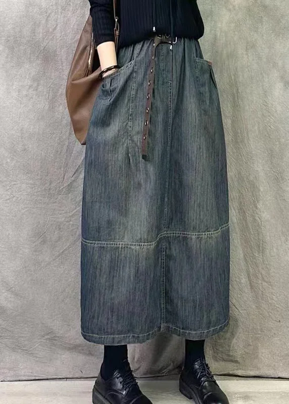 Loose Fit Chic Grey Blue Pockets Patchwork Denim Skirts Spring