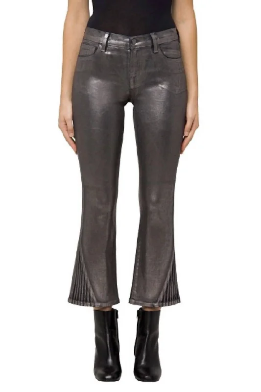 Soft And Comfortable Selena Mid-Rise Crop Boot Cut Jeans In Foiled Chrome