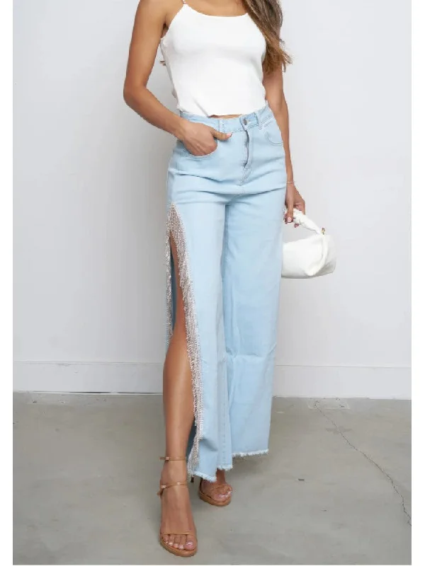 French Style Embellished Fringe Split Hem Denim Jeans