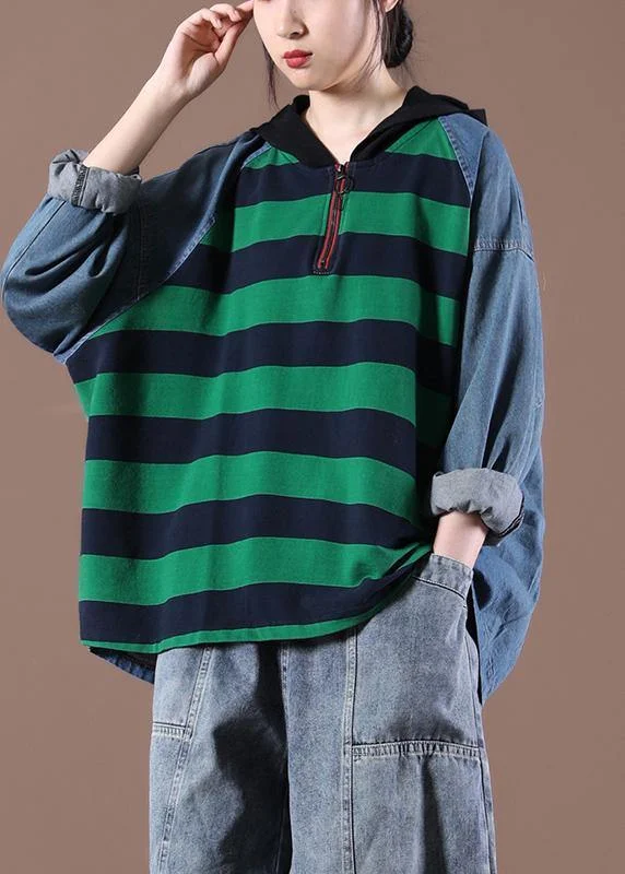 Elegant And Charming Women Hooded Sring Shirts Green Striped Tops