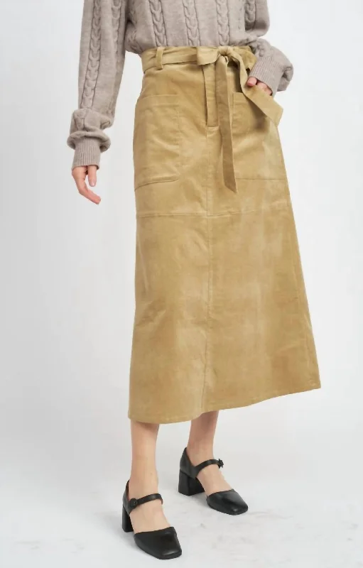 Cute Style Corduroy Midi Skirt In Tan