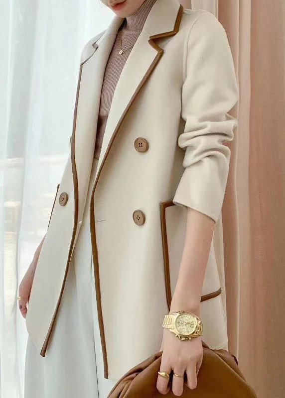 Minimalism Women Beige Peter Pan Collar Double Breast Woolen Coat Fall