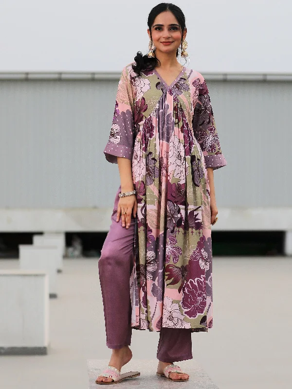 Classic And Versatile Mauve Printed Rayon A-Line Kurta With Trousers