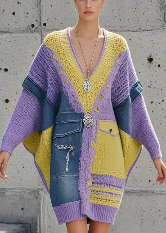 Personalized Design Elegant Purple Asymmetrical Patchwork Denim Long Sweater Batwing Sleeve