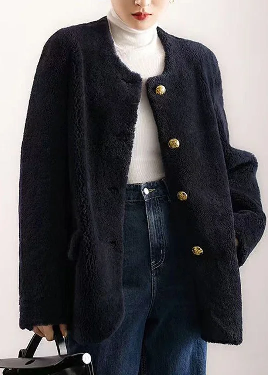 Fresh And Simple Elegant Navy O Neck Pockets Button Patchwork Wool Coat Winter