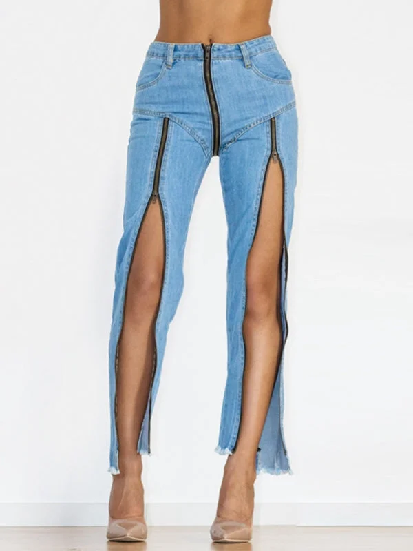 Simple Solid Color ZASUWA Female Zipper Denim Flare Leggings