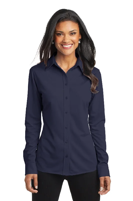 Carefree Style Port Authority Womens Dimension Moisture Wicking Long Sleeve Button Down Shirt - Dark Navy Blue