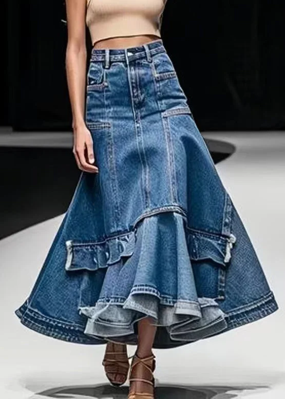 Celebrity Must-have Italian Blue High Waist Patchwork Denim A Line Skirts Summer