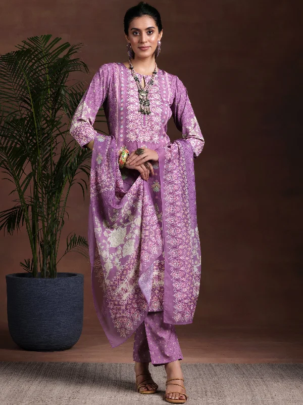 European And American Style Purple Printed Poly Crepe Straight Suit With Dupatta