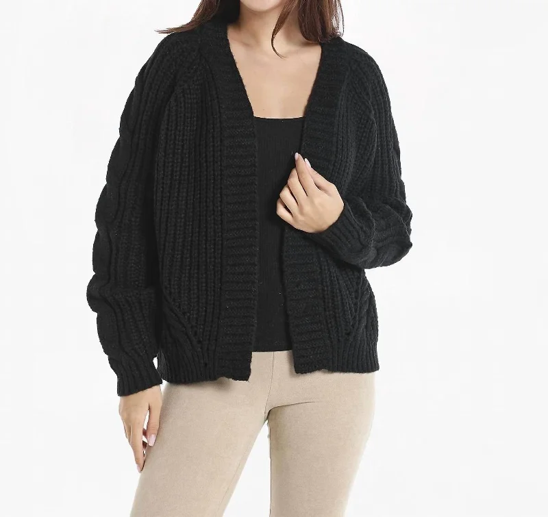 Fashionable And Versatile Open Front Cable Knit Cardigan In Black