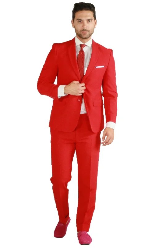 French Style Paul Lorenzo 1969 Red Solid Slim Fit Suit (2-Piece Set)