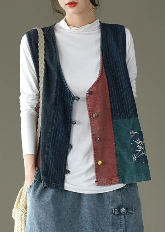 Fresh And Natural Fitted V Neck Button Patchwork denim Tanks Sleeveless