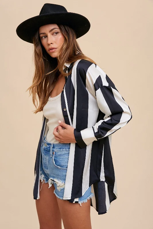 Lively And Youthful Black Ivory Wide Striped Satin Relaxed Fit Woven Blouse