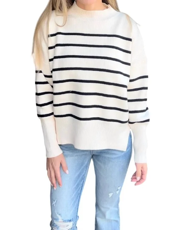 Fresh And Simple Striped Round Neck Sweater In Black/cream