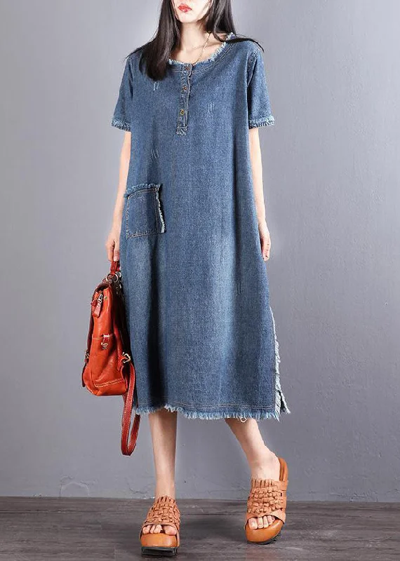 Trendy And Casual Beautiful Blue Pockets Button Fall Denim Short Sleeve Party Dress