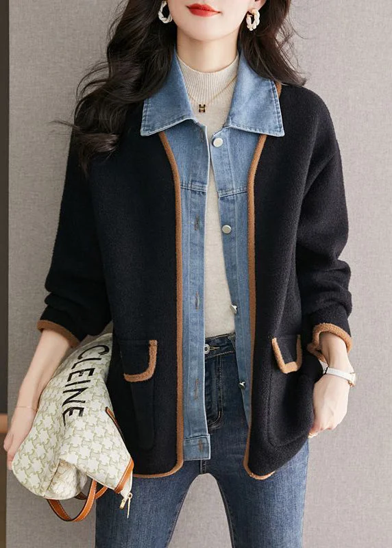 Bright Colors Unique Black Peter Pan Collar Denim Patchwork Woolen Fake Two Piece Coat Fall