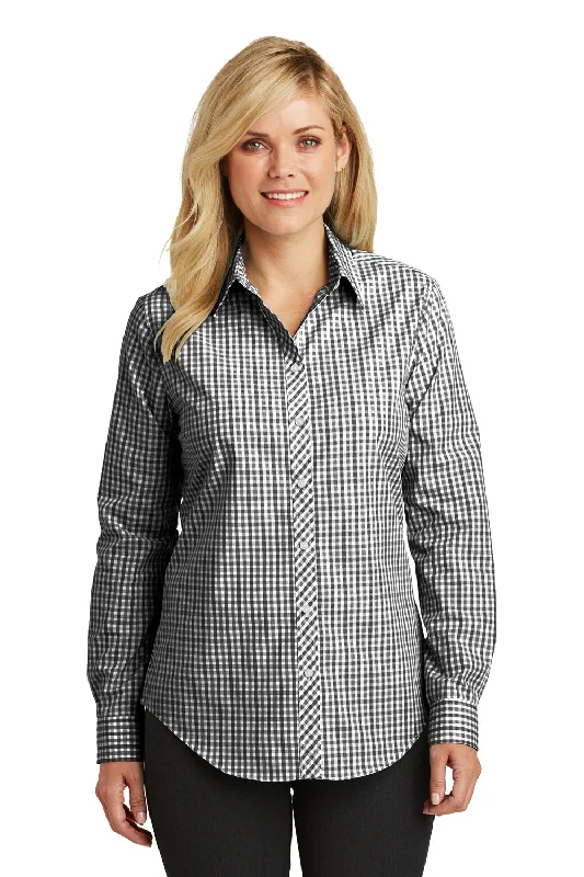 Dynamic Fashion Port Authority Womens Easy Care Wrinkle Resistant Long Sleeve Button Down Shirt - Black/Charcoal Grey - Closeout