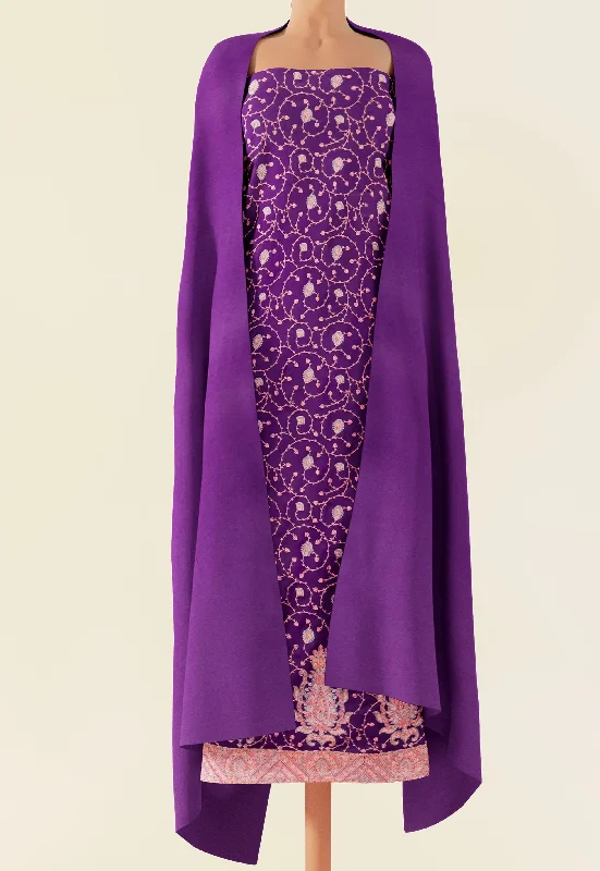 Sweet Style Pashtush Unstitched Kashmiri Embroidery Suit with Shawl, Fine Wool, Soft and Warm, Purple