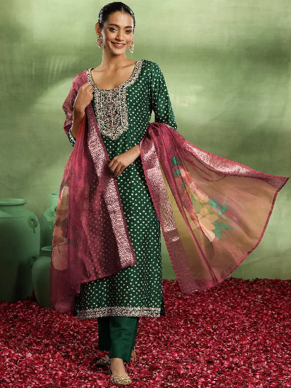 Noble And Elegant Green Printed Silk Blend Straight Suit With Dupatta