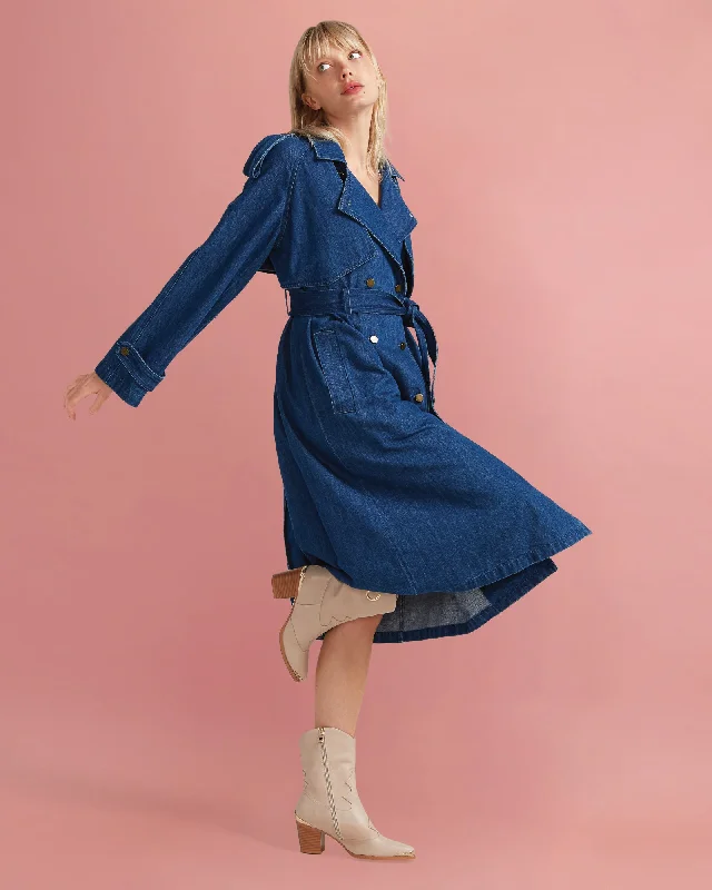 Elegant And Noble Wild Skies Denim Trench - Mid Denim