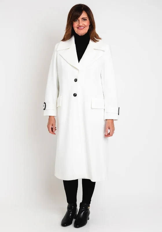 French Style Camelot Contrasting Button Long Woven Coat, Snow White