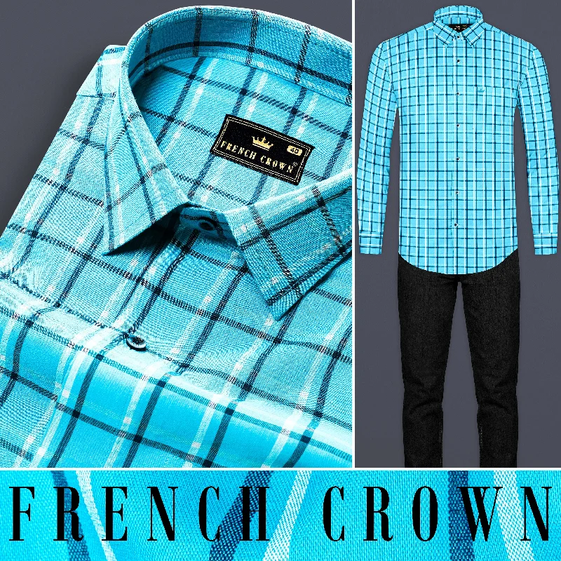 Wearable At Home Or Out Jellyfish Blue with white Checkered Premium Cotton Shirt