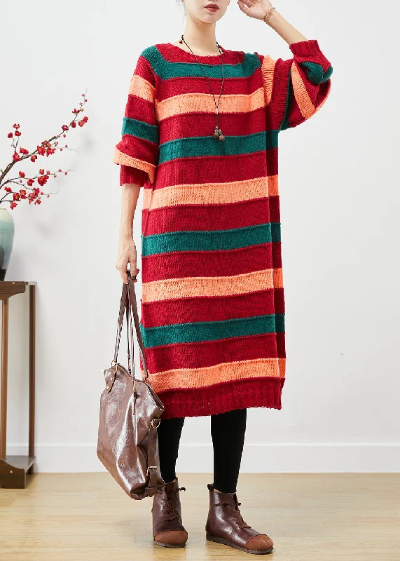 Lazy Style French Colorblock Oversized Striped Knit Sweater Dress Fall