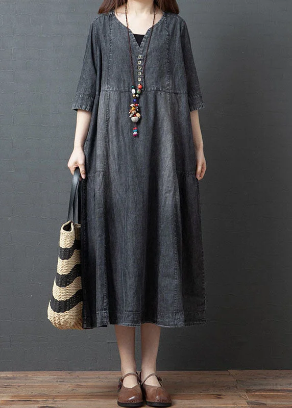 New Autumn And Winter Styles Handmade Blue V Neck Button Patchwork Fall Denim Half Sleeve Maxi Dress