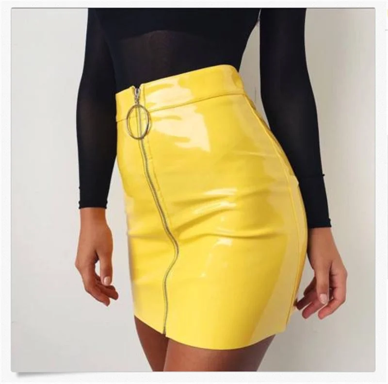 Bottom And Versatile Women Fashion High Waist Skirt Sexy Zip Faux Leather Short Pencil Bodycon Mini Skirt 2019 New Solid White Skirt