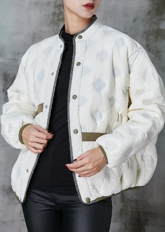 Luxury Temperament White Patchwork Duck Down Puffer Jacket Stand Collar Spring