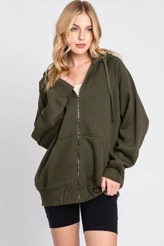 New Autumn And Winter Styles Olive Front Zipper Hooded Sweater