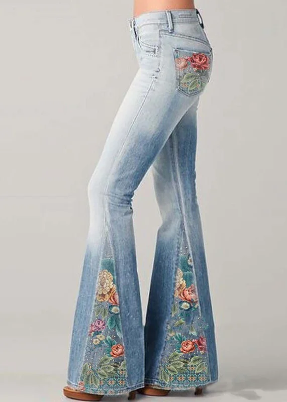 New Products Bohemian Blue High Waist Patchwork Print Denim Flare Bottoms Summer