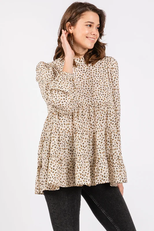 Free And Casual Ivory Animal Print Mock Neck Tiered Top