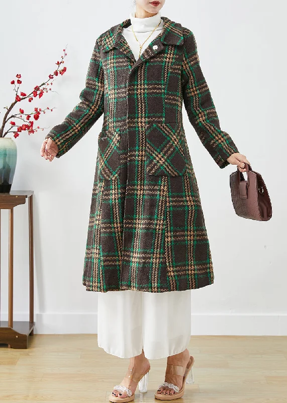 Carefree Style Elegant Green Peter Pan Collar Plaid Pockets Woolen Trench Fall