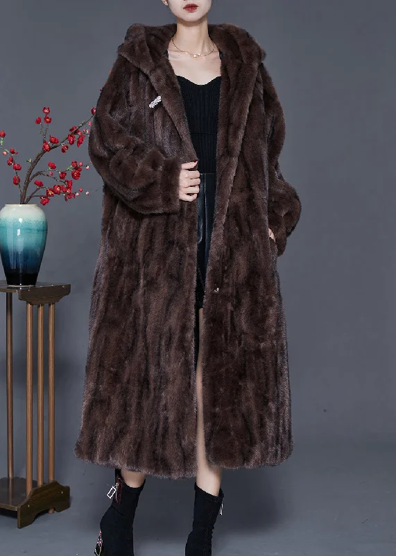 Youthful Street Fashion Brown Striped Faux Fur Trenchs Oversized Spring