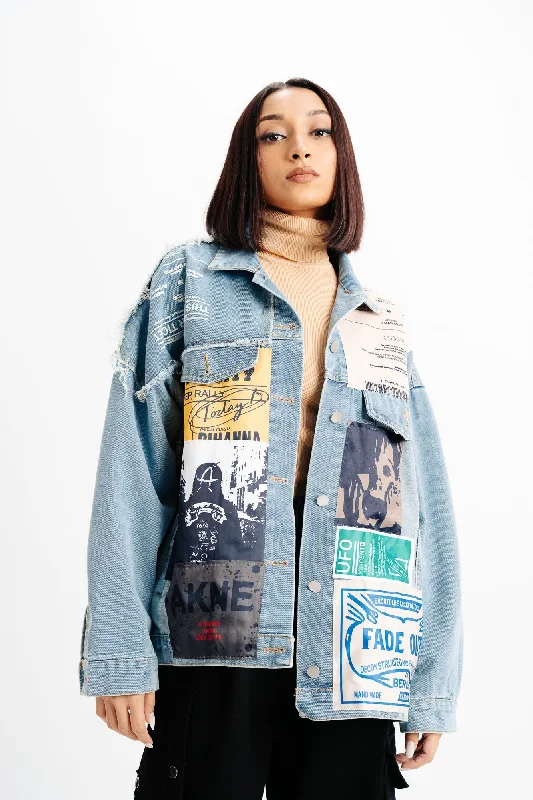 Exquisite Fabrics Patch Printed Blue Denim Jacket