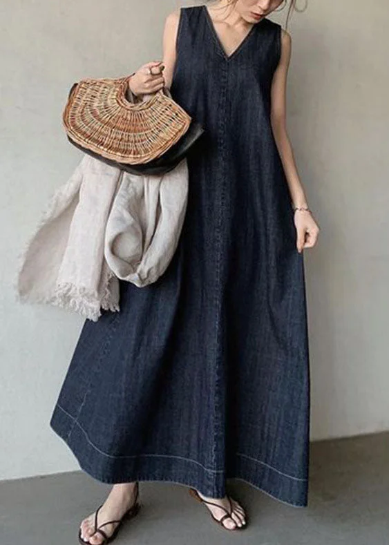 Elegant Tailoring Bohemian Navy V Neck Cold Shoulder Cotton Denim Dress Sleeveless