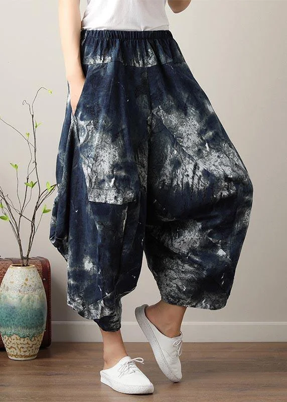 Sports Design Diy Denim Blue Elastic Waist Cotton Linen Summer Harem Pants