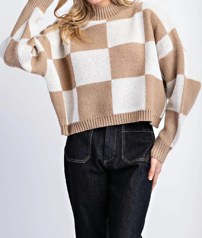 Minimalism Checker Cropped Sweater In Taupe