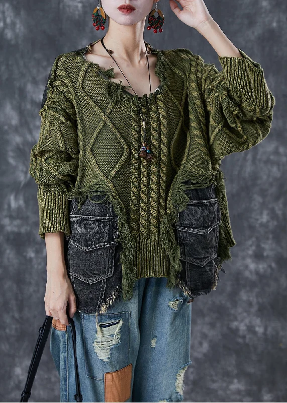 French Retro Green Patchwork Denim Knit Ripped Sweaters Asymmetrical Winter