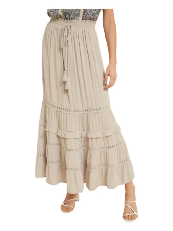 Street Charm Long Bohemian Lace Detail Skirt In Beige