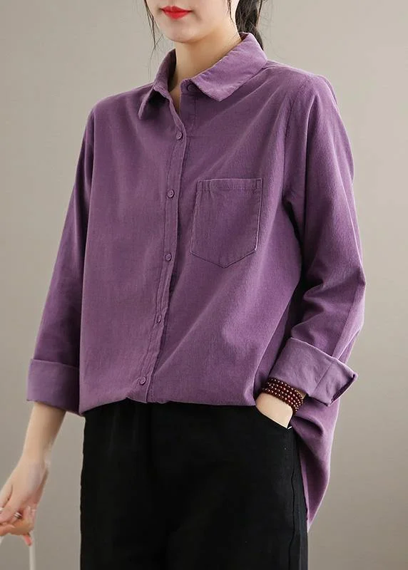 Casual Style Style Lapel Pockets Spring Crane Tops Design Purple Shirt