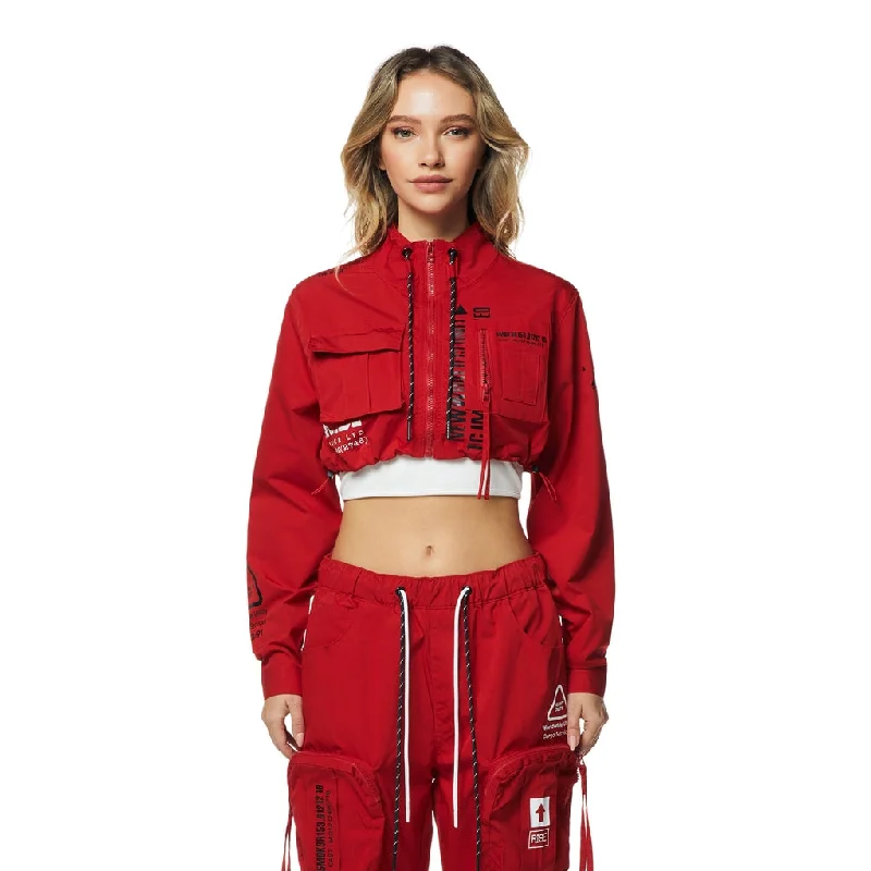 Urban Style Cropped Utility Full Zip Jacket - True Red