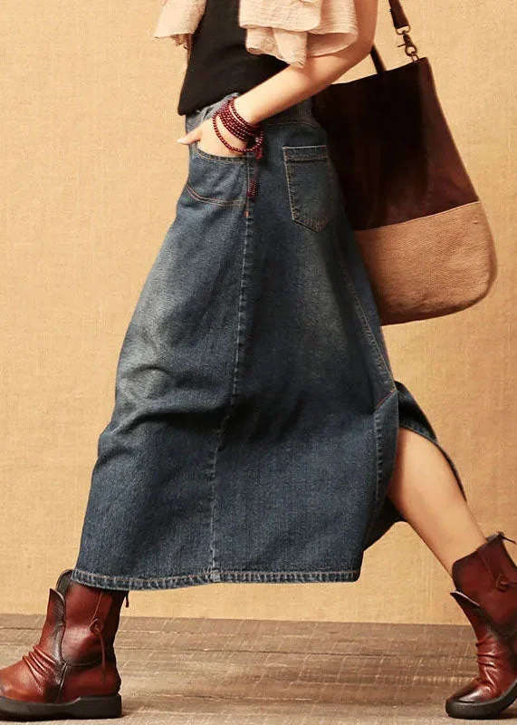 Carefree Style Dark Blue Patchwork Cotton Denim Skirt High Waist Side Open Summer