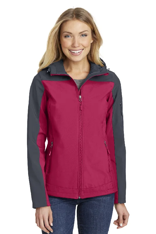 British Style Port Authority Womens Core Wind & Water Resistant Full Zip Hooded Jacket - Dark Fuchsia Pink/Battleship Grey - Closeout