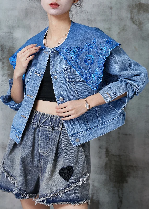 Minimalism Fine Blue Peter Pan Collar Embroidered Denim Short Jackets Spring