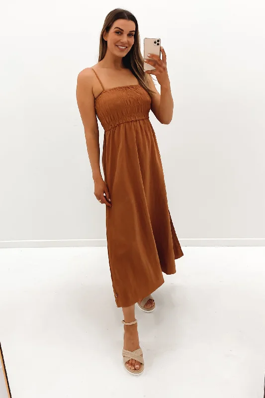 Personalized Design Classic Shirred Midi Dress Caramel